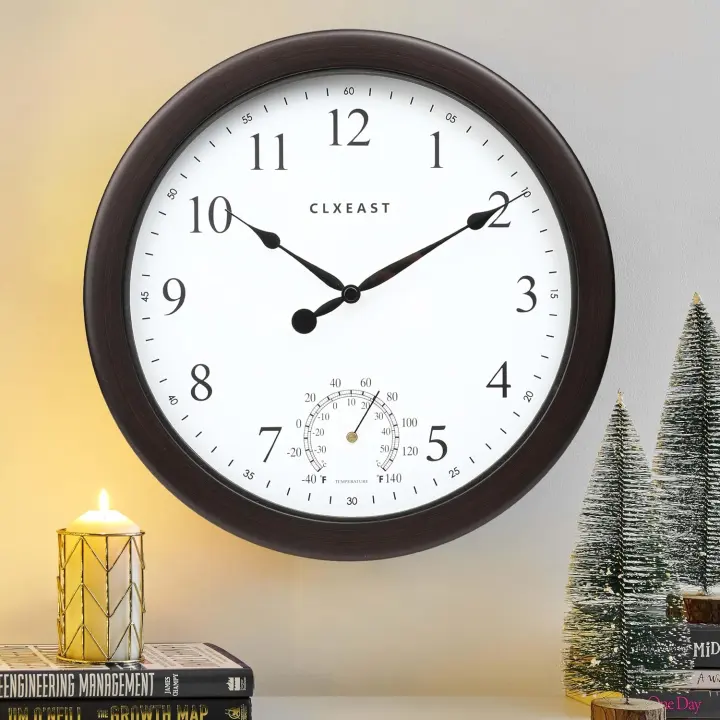 10.4" Indoor/Outdoor Wall Clock with Thermometer — Oil-Rubbed Bronze