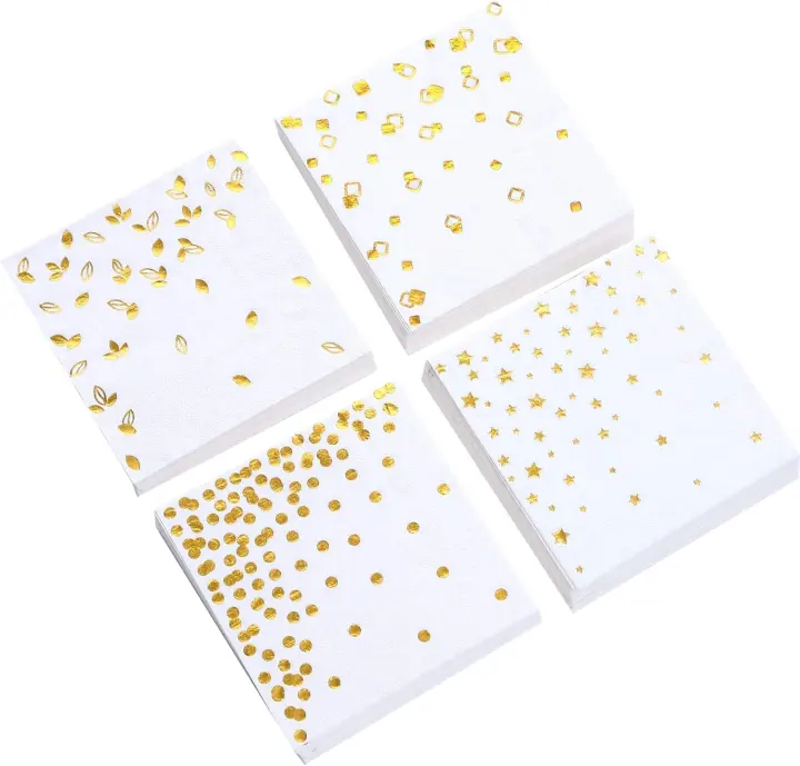100-Pack Gold Cocktail Napkins — 4 Foil Designs, 3-Ply 5 x 5 In