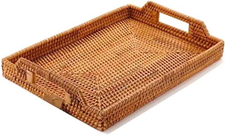 14.6" Handwoven Rattan Serving Tray with Handles — Rectangular Wicker Tray