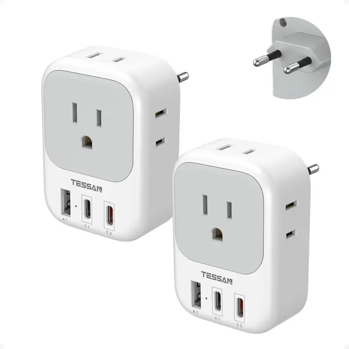 2-Pack European Travel Plug Adapter — PD 20W, 3 USB Ports