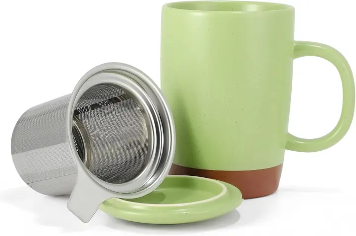 20 oz Ceramic Tea Mug with Lid & Stainless Steel Infuser — Avocado Green