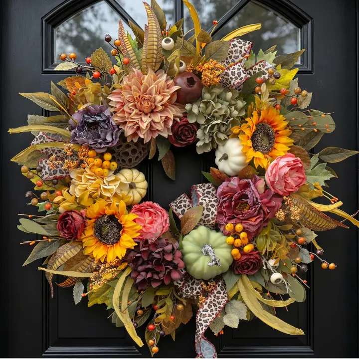 24-Inch Autumn Front Door Wreath with Pumpkins & Sunflowers