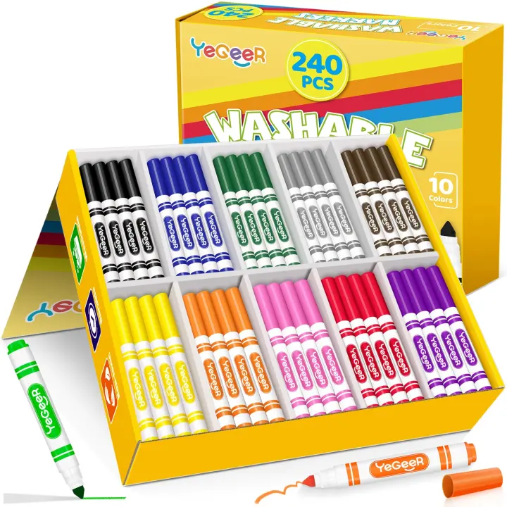 240-Pack Washable Markers — 10 Colors, Bulk Classroom Art Set