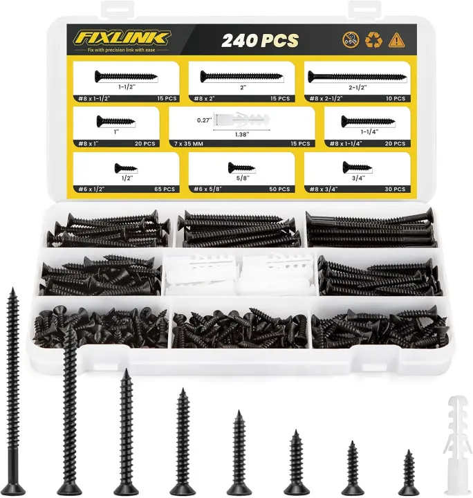 240-Piece Wood Screw Assortment Kit with Anchors — E-Coated Flat Head