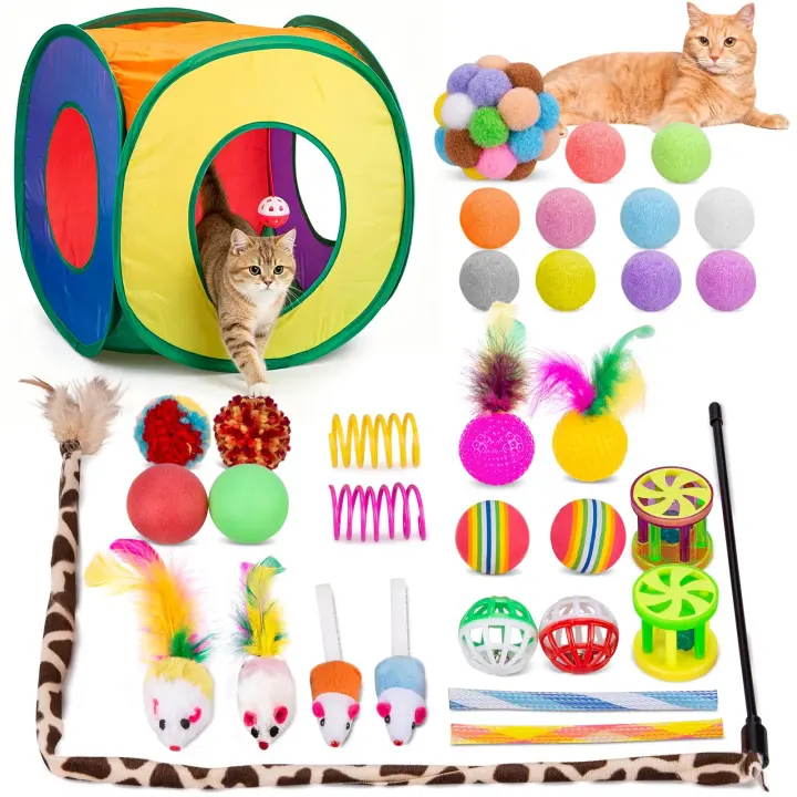 33-Piece Indoor Cat Toy Kit with Collapsible Cube Tunnel