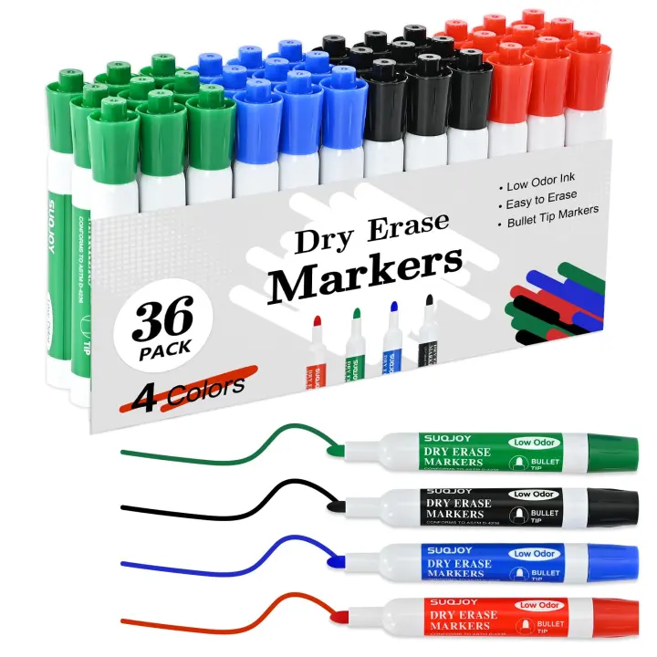 36-Pack Dry Erase Markers — Bold Bullet Tip Whiteboard Set (4 Colors)