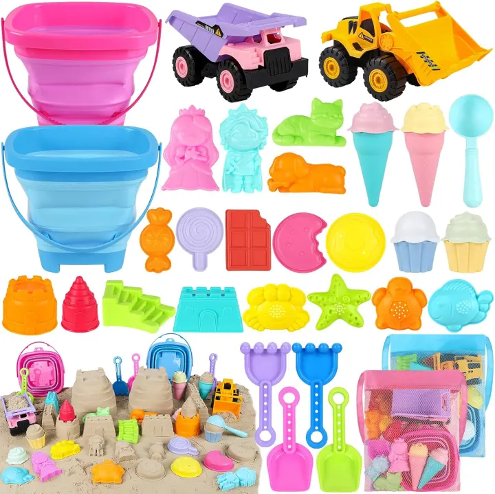 36-Piece Kids Beach Toy Set with Trucks, Collapsible Buckets & Molds