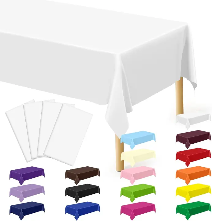 4-Pack White Plastic Tablecloths — 54 x 108 in Disposable Rectangular Covers