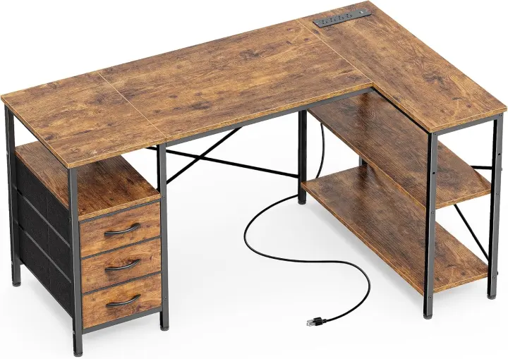 47-Inch L-Shaped Office Desk with Built-In Power and Drawers