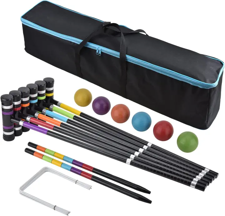 6-Player Croquet Set — 35" Lacquered Mallets, HDPE Balls & Carry Bag