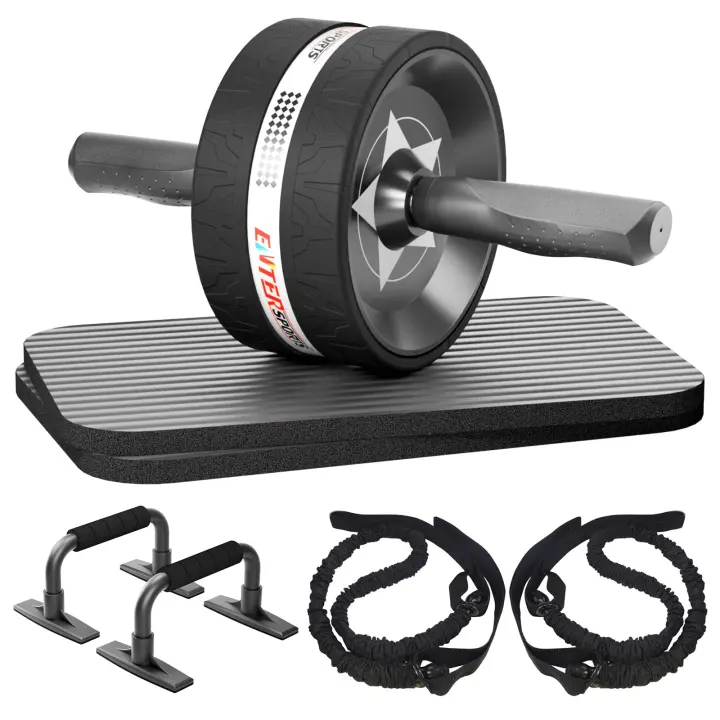 Ab Roller Wheel Core Trainer with Knee Pads & Bands (Black)