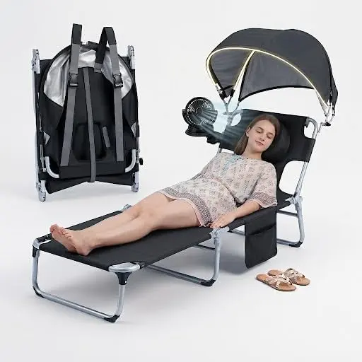 Adjustable Folding Outdoor Lounge Chaise with Canopy, Fan & Pillow