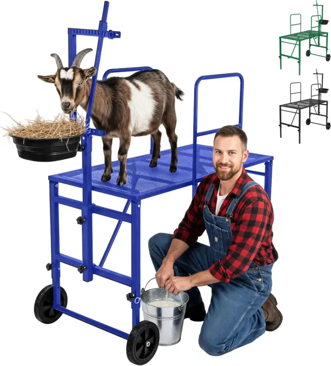 Adjustable Goat Milking & Grooming Stand with Headpiece, Rails & Wheels