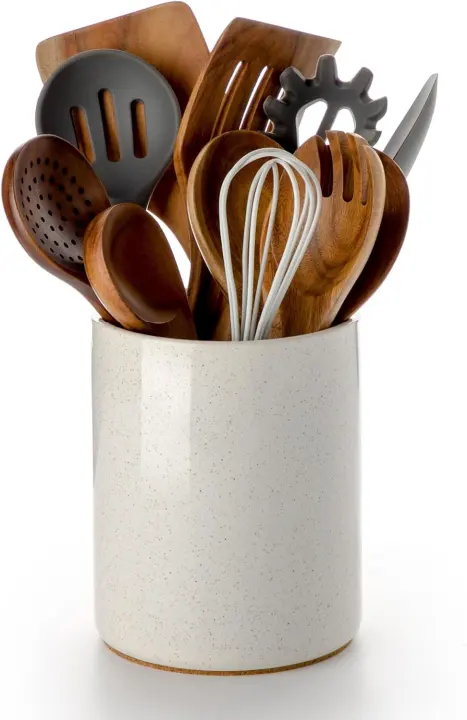 Ceramic Kitchen Utensil Holder Crock — 6.4" Sand Countertop Organizer