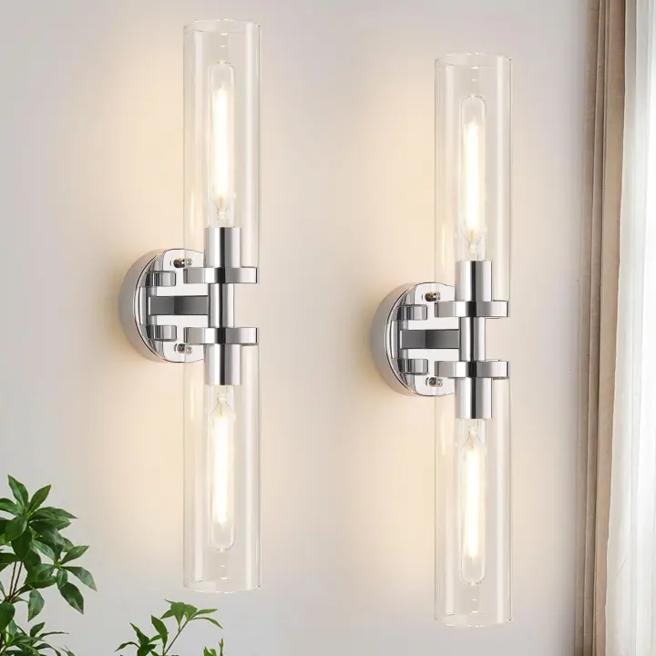 Chrome Hardwired Wall Sconces Set of 2 — Clear Glass Bathroom Lights