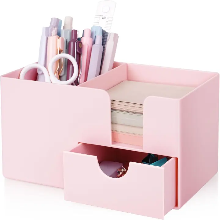 Compact 3-Compartment Desk Organizer with Sticky Note Slot & Drawer