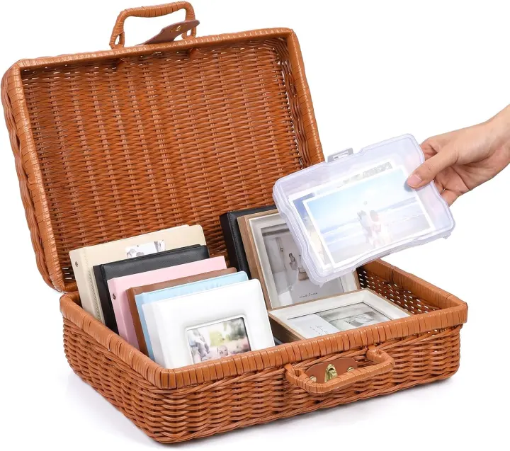 Decorative 4x6 Photo Storage Box with 8 Inner Plastic Cases — Brown Wicker Style