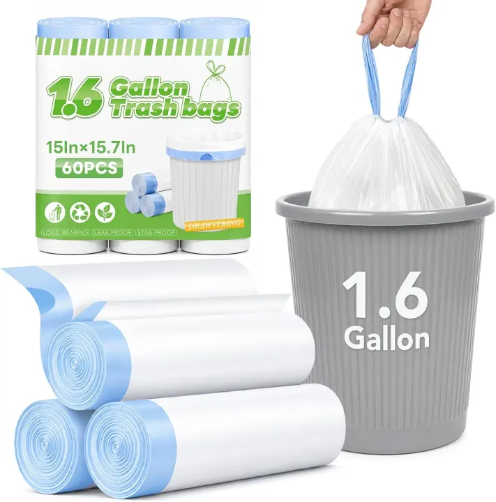 Delxo 1.6‑Gallon Small Drawstring Trash Bags — 60 Count