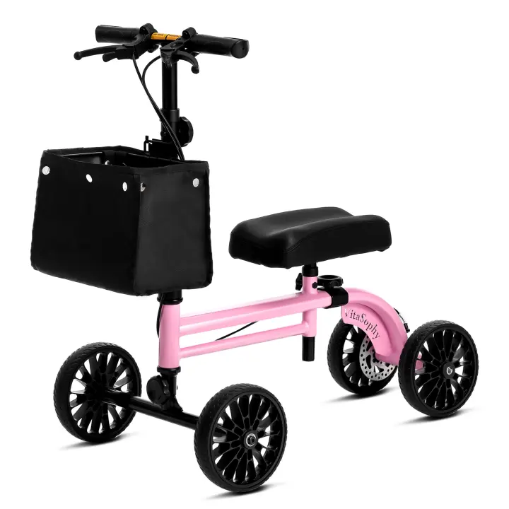 Foldable Steerable Knee Scooter for Adults with Front Basket — Pink