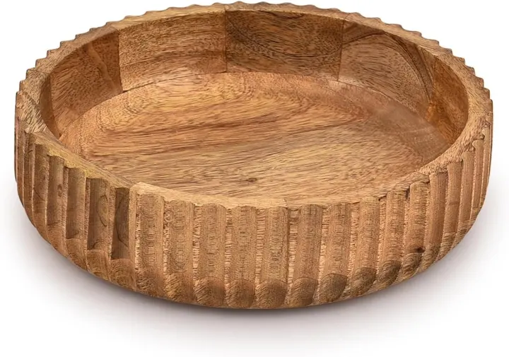 Hand-Carved Mango Wood Fruit Bowl — 10 x 10 x 2.5 in Centerpiece