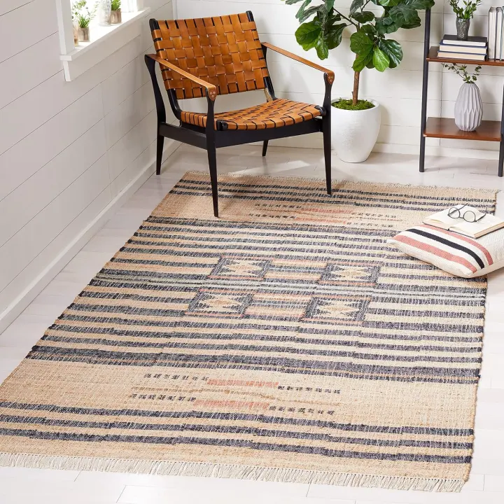 Handwoven Kilim Jute Area Rug — 6' x 9' Natural & Black Flatweave