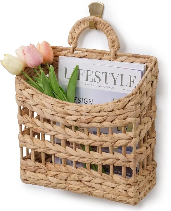 Handwoven Water Hyacinth Hanging Wall Basket — 10 in Deep Storage