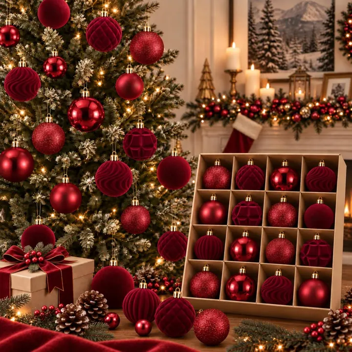 Hollowfly Burgundy Velvet Christmas Ball Ornaments — 56-Piece Set