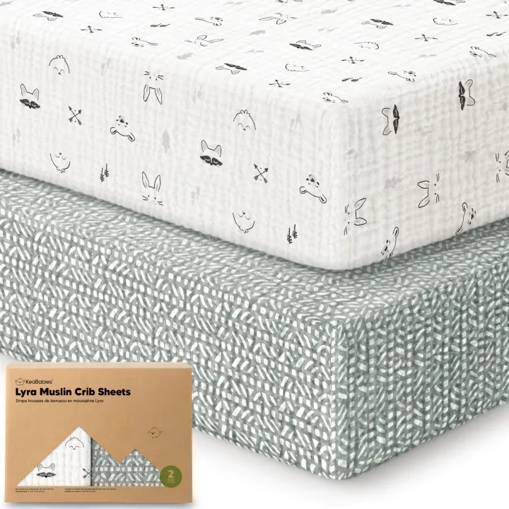 KeaBabies 2-Pack Muslin Fitted Crib Sheets — 52 x 28 Organic Cotton