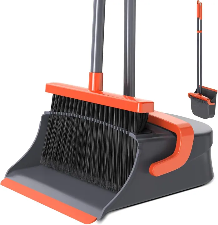 Long-Handle Self-Cleaning Broom & Dustpan Set — Upright Standing (Orange/Gray)