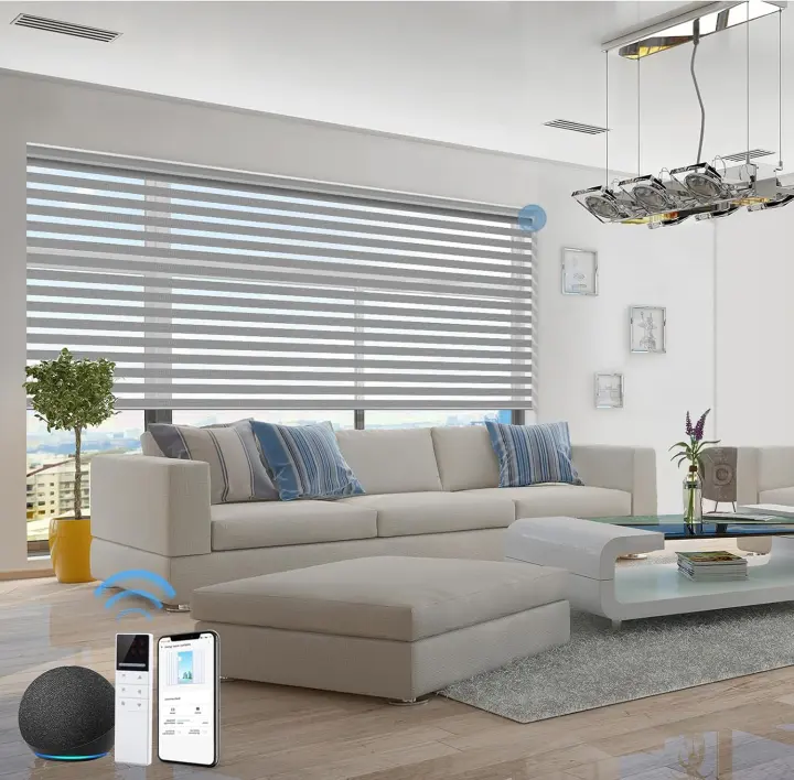 Motorized Zebra Shades — Smart Dual‑Layer Window Blinds (Glacier Grey)
