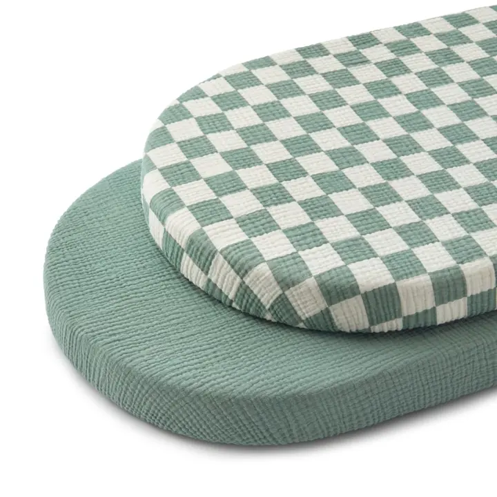 Muslin Bassinet Sheets — 2-Pack Sage Check & Sage Green, Fitted