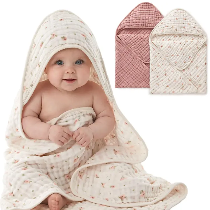 Muslin Hooded Baby Towels — 2-Pack, Pink Floral & Light Pink (32"×32")