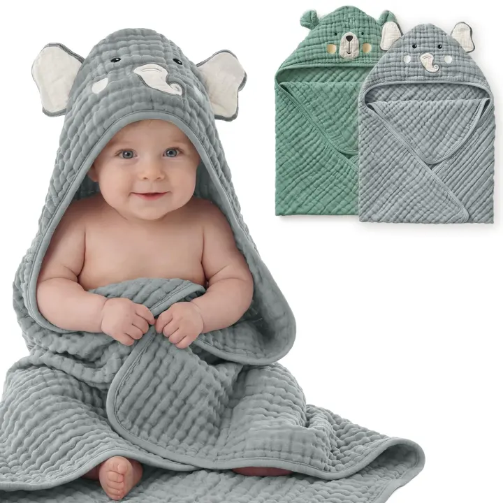 Muslin Hooded Baby Towels — 2-Pack Soft, Absorbent Infant & Toddler Towels