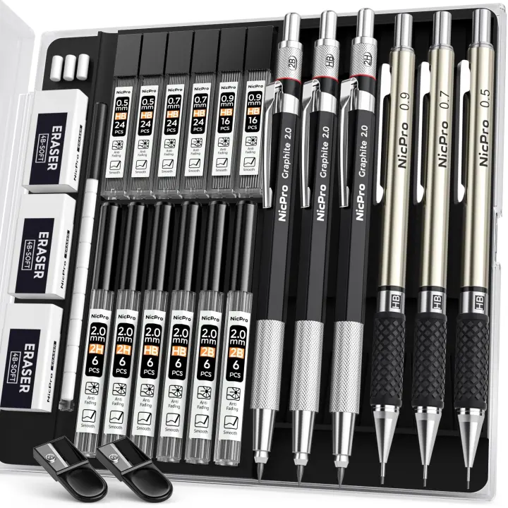 Nicpro 6-Piece Metal Mechanical Pencil Set for Drafting & Sketching