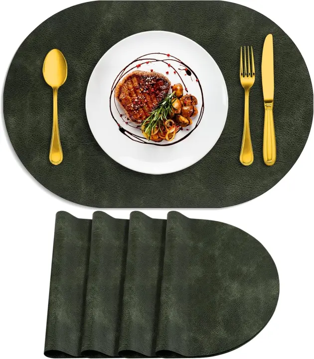 Oval Faux Leather Placemats Set of 4 — Olive Green, 12 x 17 in
