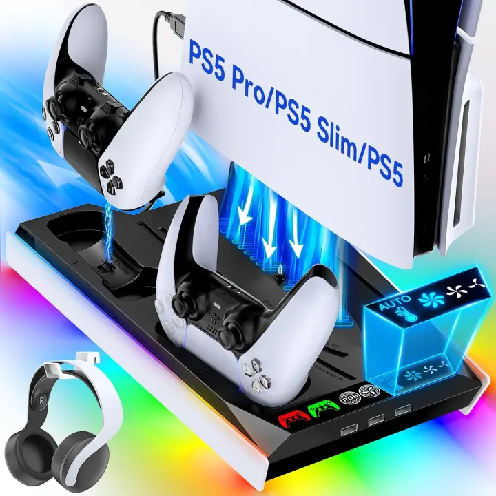 PS5 Cooling Dock & Vertical Stand with Auto Turbo Fan, 3-Speed Charger