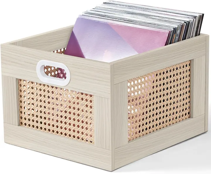 Rattan Vinyl Record Crate — Wooden Cube Album Holder (75+ LPs)