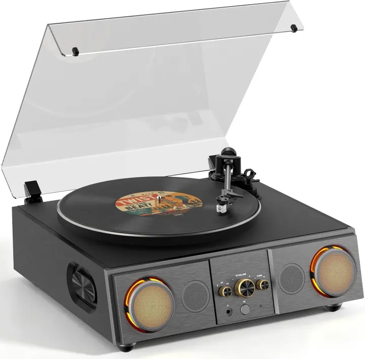 RetroAudio Turntable — 4-Speaker Vinyl Player with Amber Accent Lights