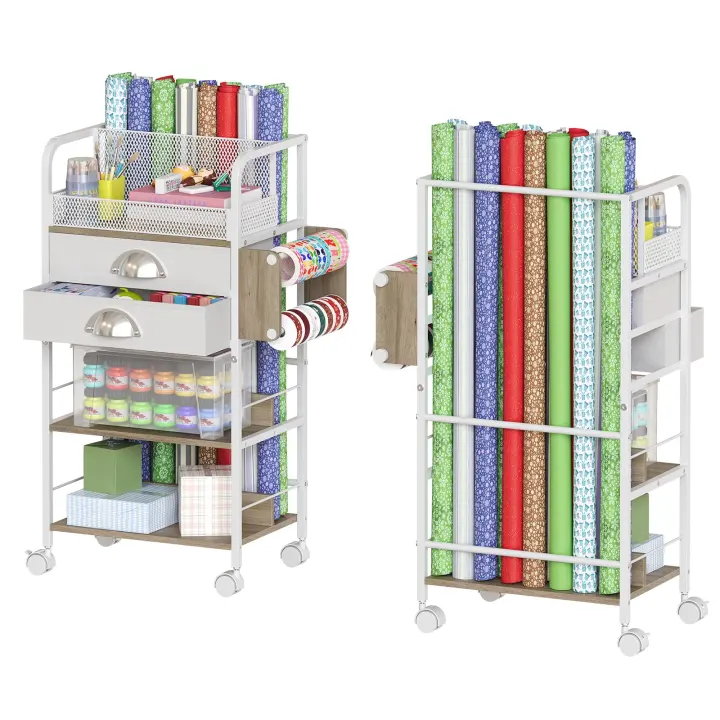 Rolling Wrapping Paper Storage Cart — Vertical Craft Organizer (White)