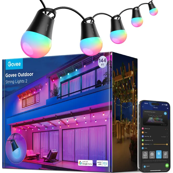 Smart Outdoor String Lights — 144ft RGBICW Patio Lights, 45 Bulbs