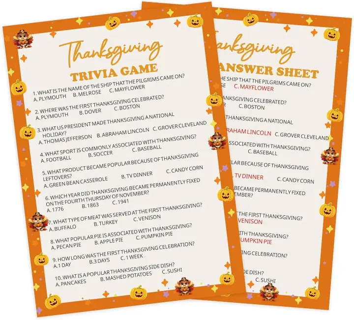 Thanksgiving Trivia Card Game — 30 Cards with Answer Sheet