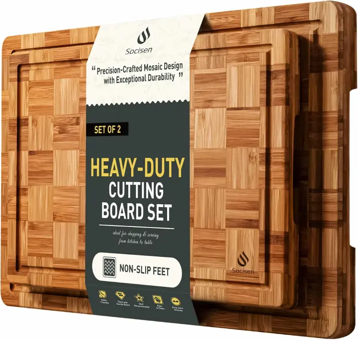 Thick Bamboo Cutting Board Set — Non-Slip, End-Grain Chopping Boards