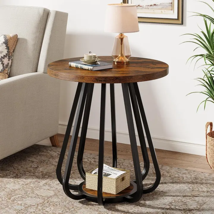 Tribesigns Round 2-Tier End Table with Storage — Metal Frame Accent