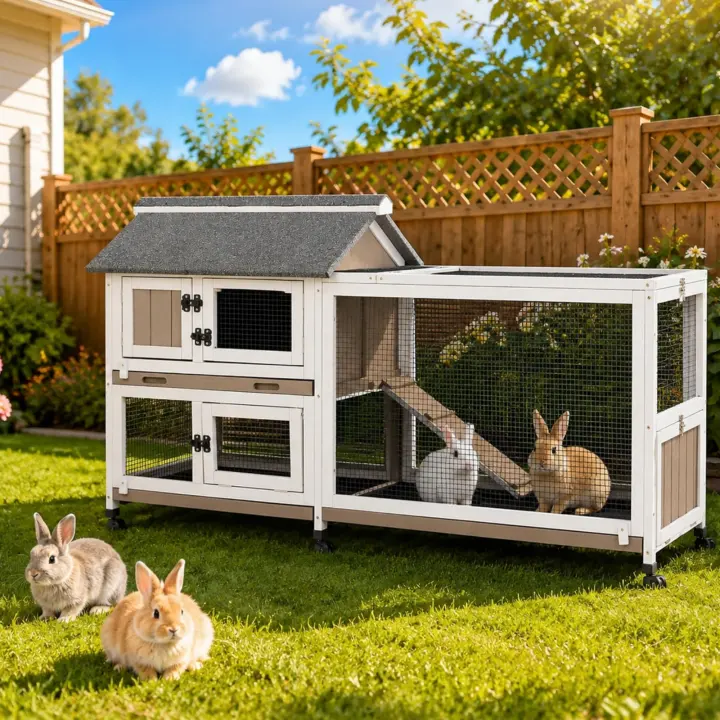 Two-Story Wooden Rabbit Hutch with Wheels and Asphalt Roof