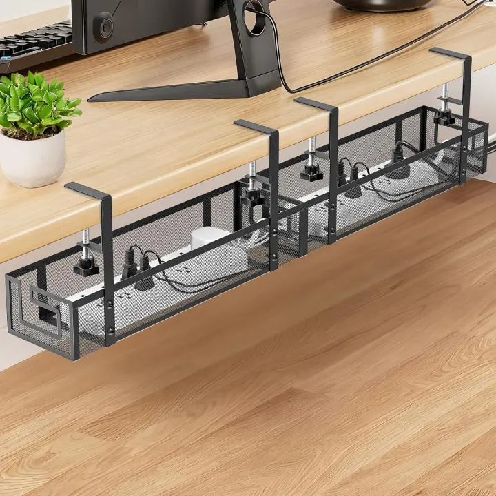 Under-Desk Cable Tray 15.75" — No-Drill Metal Cord Organizer (2-Pack)