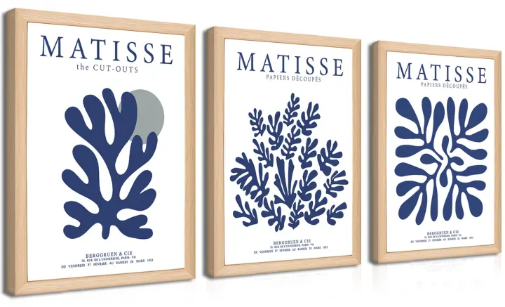 Wood-Frame Matisse-Inspired Wall Art Set of 3 — Blue Abstract Florals