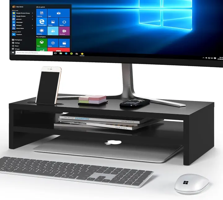 Wooden 2-Tier Monitor Riser — Ergonomic Desktop Stand with Phone Slot