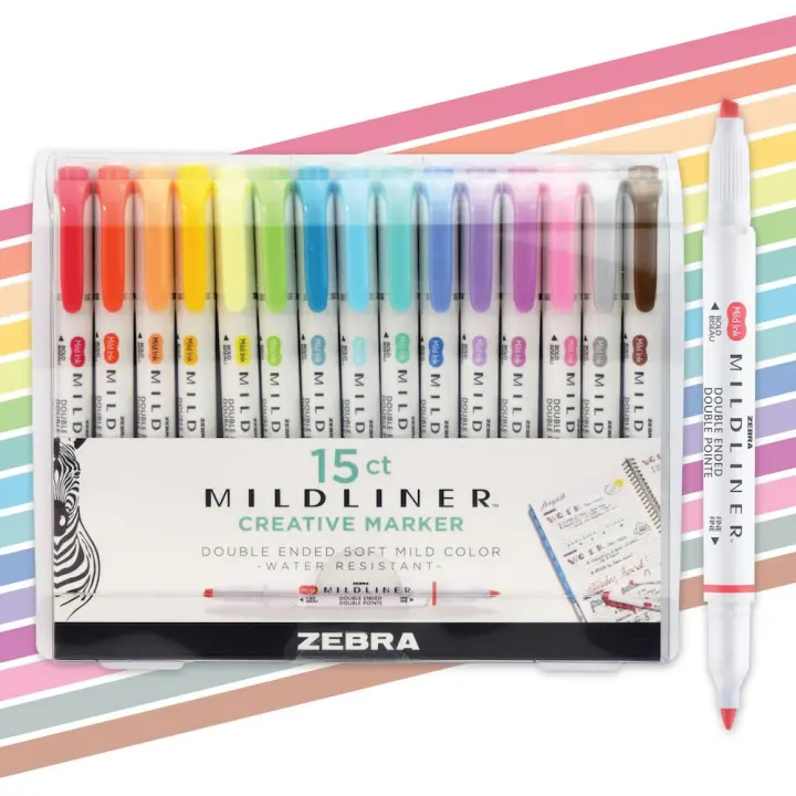 Zebra Mildliner Dual-Tip No-Bleed Highlighter Set — 15 Assorted Colors