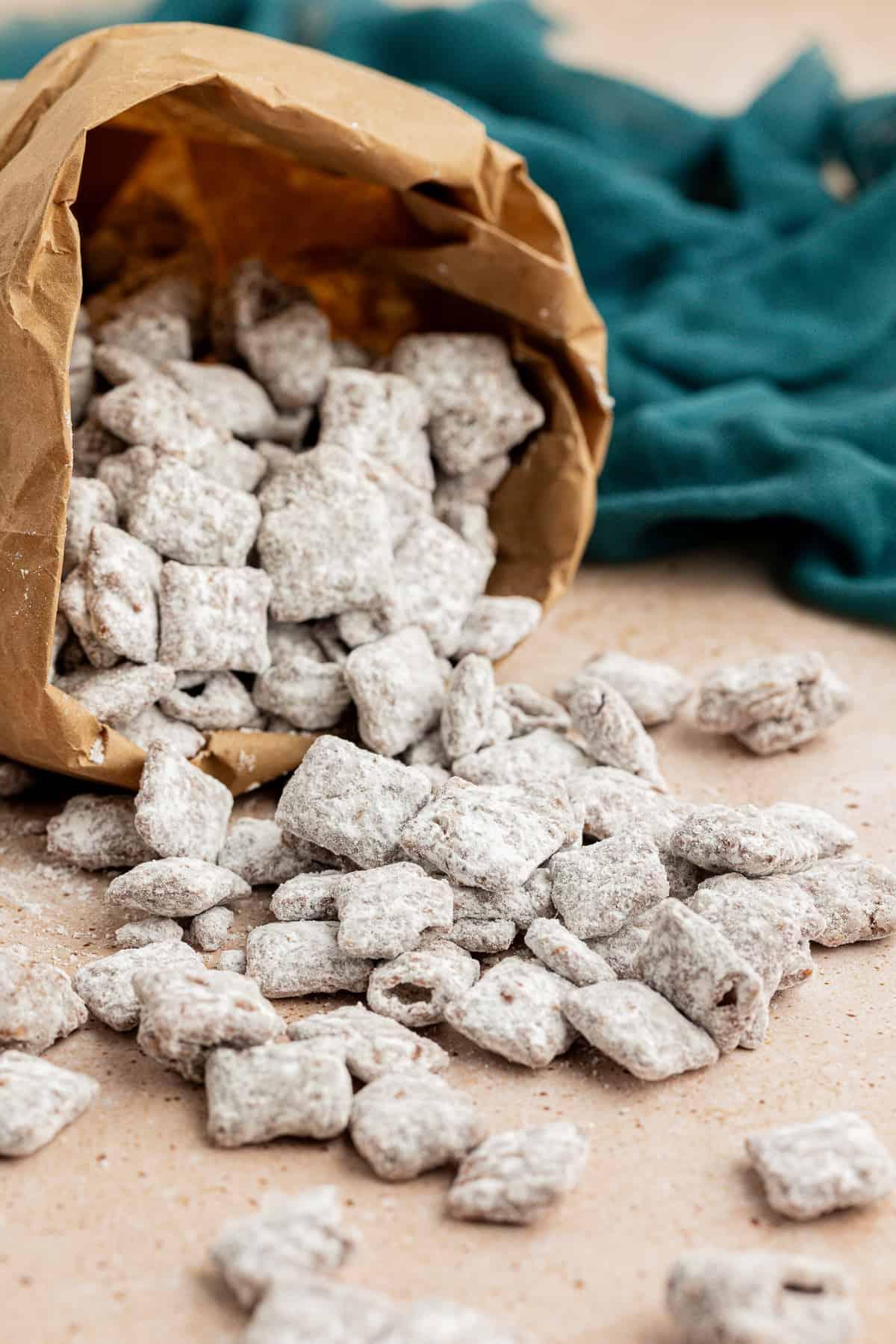 Una borsa marrone di puppy chow adagiata su un fianco con il puppy chow rovesciato su una superficie del bancone con un asciugamano color ottanio scuro accanto