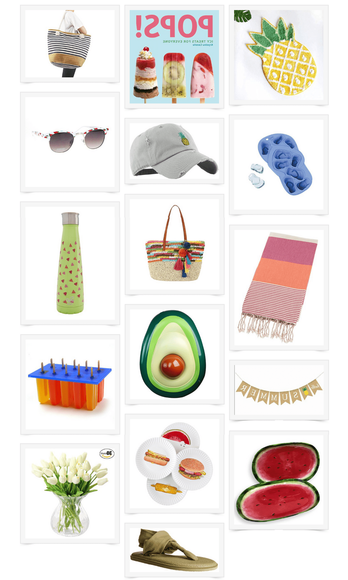 Un collage di prodotti estivi essenziali da Amazon, tra cui un tappetino da bagno ananas, un libro di ricette per ghiaccioli e vari accessori da spiaggia.